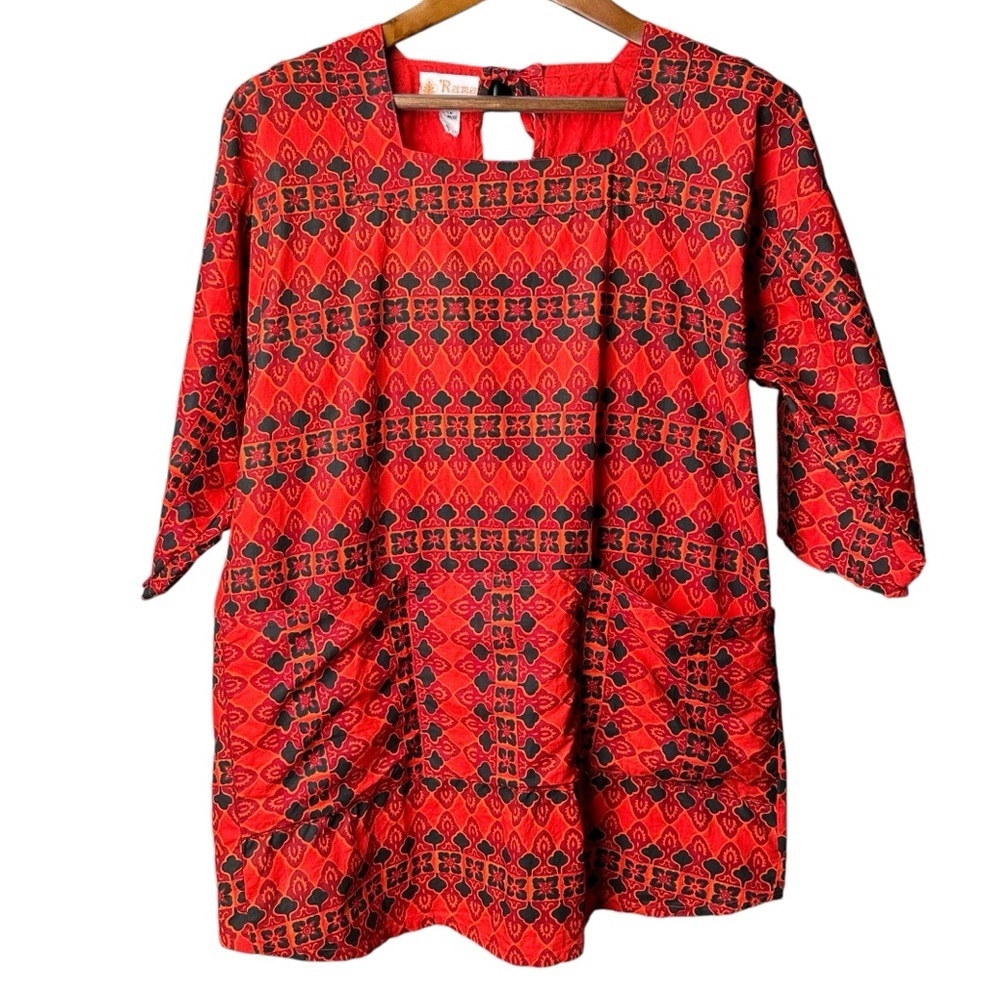 Vintage RAMA Thailand Size Large Thai Cotton Tie Back Half Sleeve Blouse Print